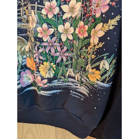 Morning Sun Flowers Snow Christmas Lamp Bow Blue Crewneck Sweatshirt Size Small - Picture 3 of 8
